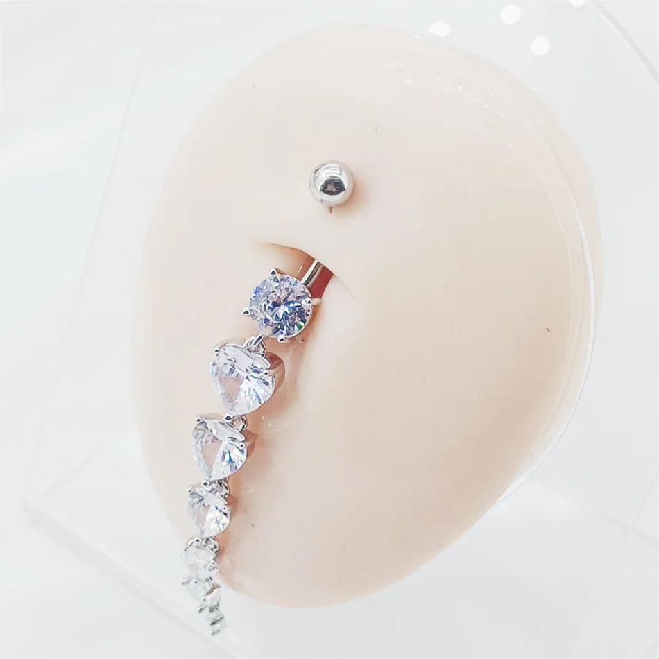 Silver Color Long Pendant Drop Navel Ring With CZ Heart 6-16mm Medical Titanium Curved Barbell 14G Belly Button Piercing Jewelry view 5