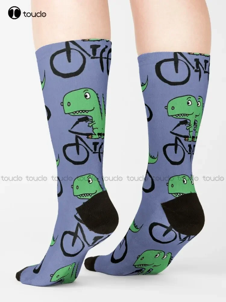 Funny T-Rex Dinosaur Riding Bicycle  Cotton Socks Personalized Custom Unisex Adult Teen Youth Socks Street Skateboard Socks