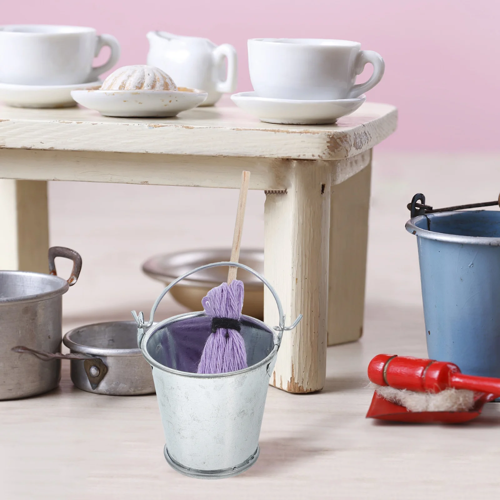 

1pcs Miniature Mop Bucket Set Handmade Dollhouse Cleaning Tools For Diy Home Scene Small Metal Bucket Pretend Play Accessories