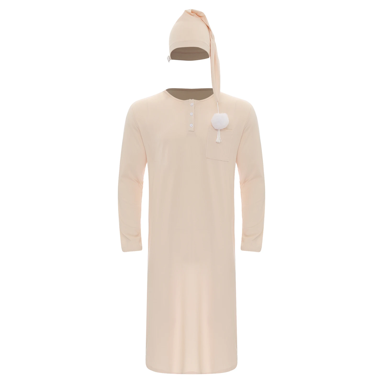 Robe de sono redondo monocromático masculino, roupa de dormir manga comprida, camisola solta, roupão, pijamas com chapéu pontiagudos de pom-pom, roupa doméstica