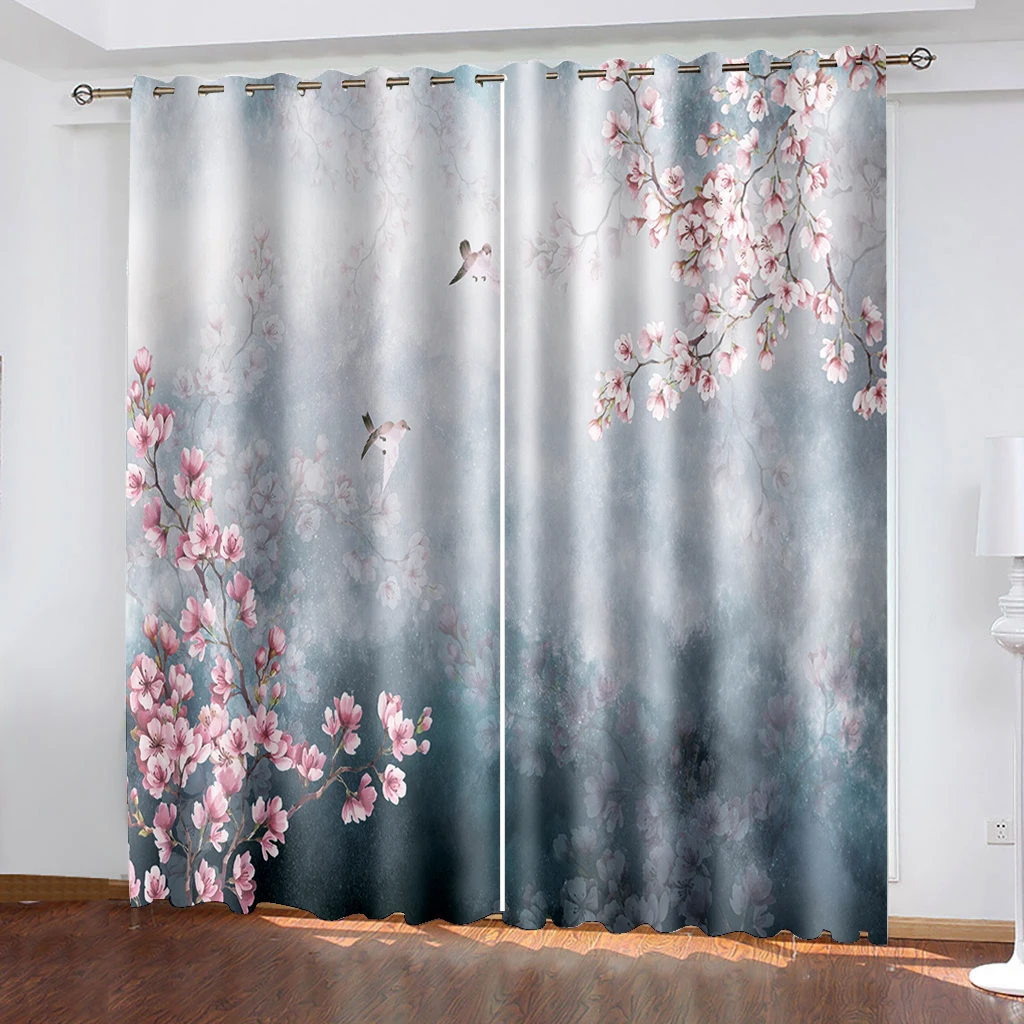 Photo grey blackout pink flower curtains 3D Window Curtains For Living Room Bedroom Customized size Drapes Cortinas