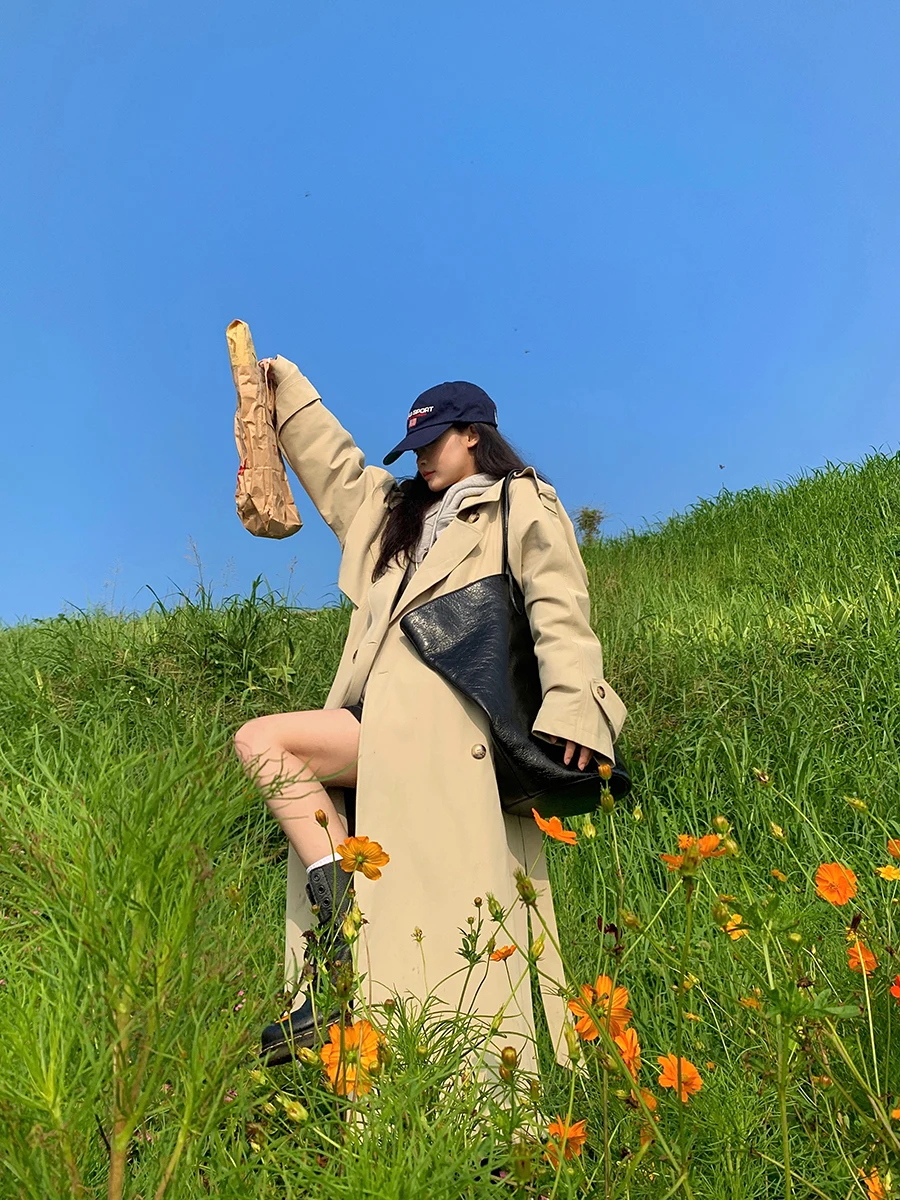 

Ele Long Women's Windbreaker Jaet Autumn Winter Faion Retro High-End Coat Commute Simple Sle Polyester Material