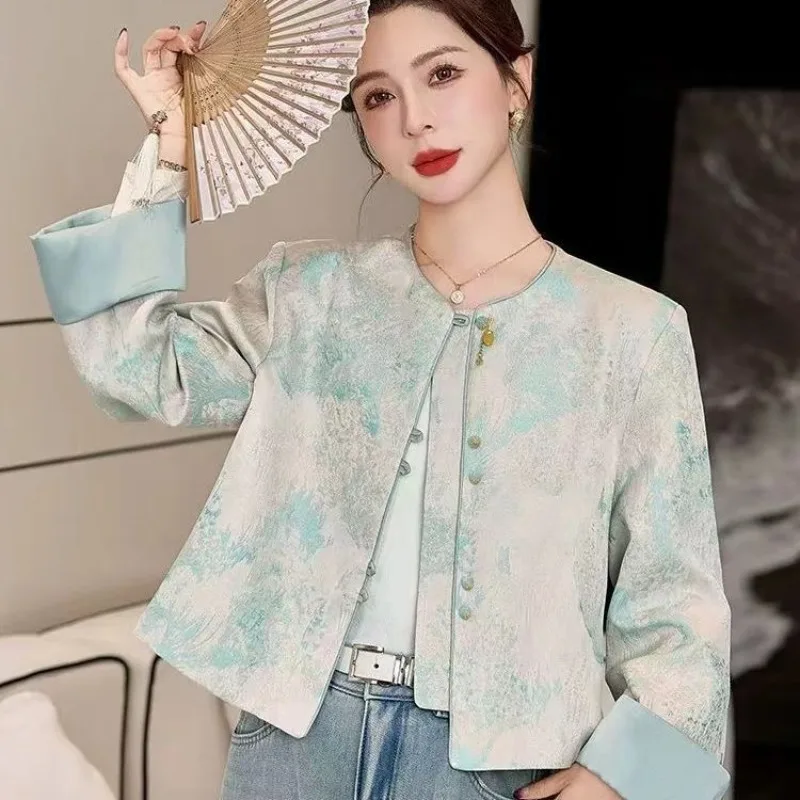 Print Jacket Women's Song Jin new Chinese High-End Retro Jacquard 2026 Spring New Buckle Temperament Top Blue