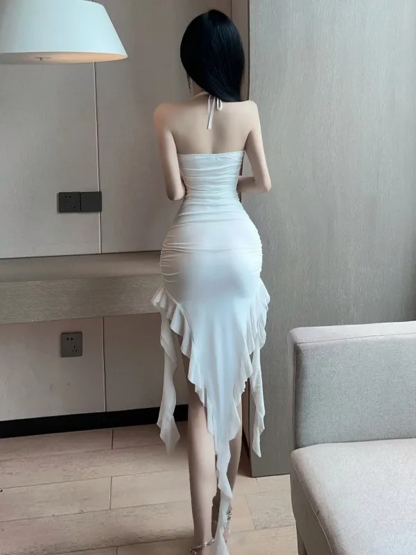 Fashion Women White Tank Long Dress Sexy Design Irregular Petal Spicy Girl Tight Long Dress Sweet RUFFLES 2023 New Tops EGOC