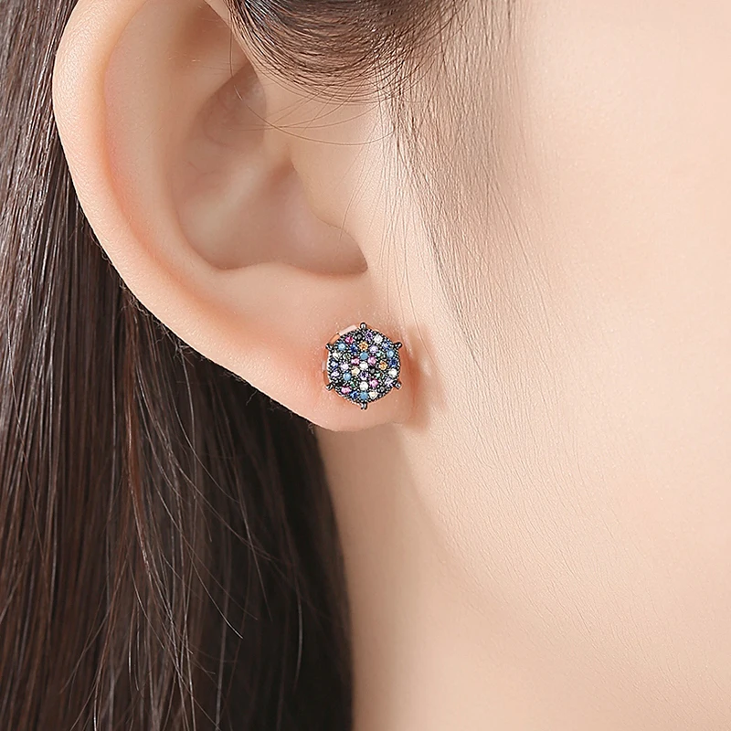 JINSE Hexagon Multicolor Cubic Zirconia Iced Stud Earrings for Men Vintage Hip Hop Bling CZ Geometric Korean Fashion Jewelry