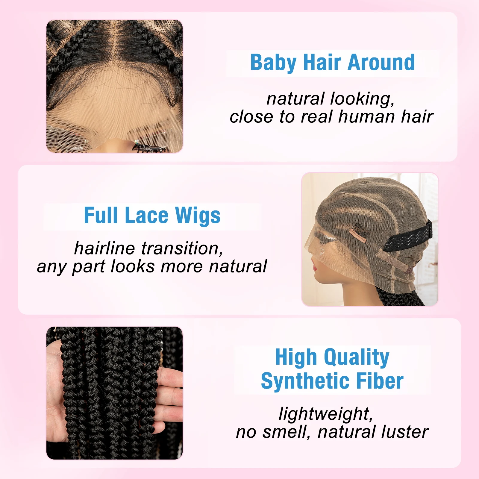 34 นิ้วสังเคราะห์วิกผมลูกไม้ด้านหน้าด้านหน้า Cornrow Braided Wigs สําหรับผู้หญิงสีดํา Knotless กล่องถักวิกผมลูกไม้ Faux Locs Braids วิกผม