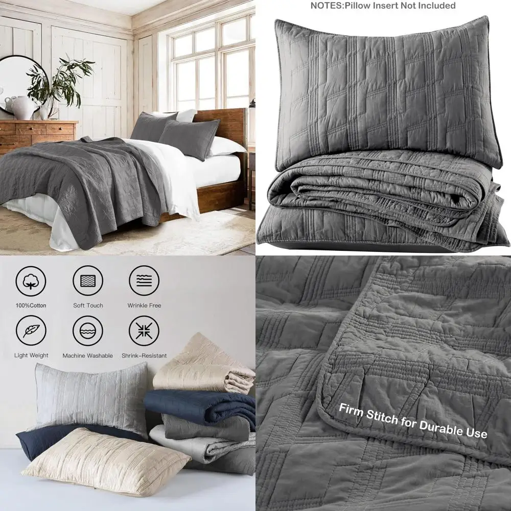 

Queen Size Cotton Quilt Set in Dark Grey, Pre-Washed 3-Piece Coverlet with Lightweight Cozy Stitching Bedding