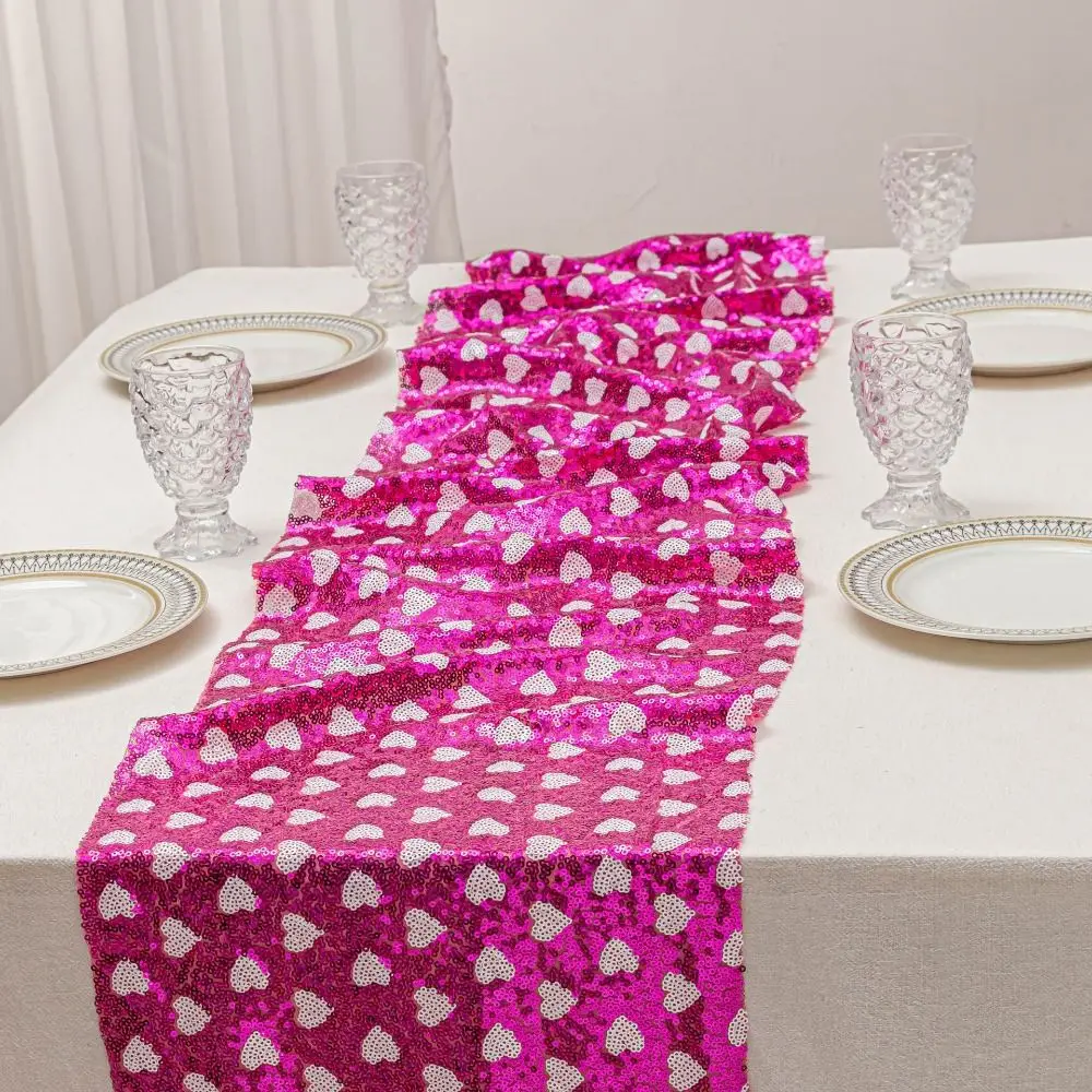 

Valentines Day Sequined Mesh Table Runner Love Heart Rectangle Glitter Table Linens Sparkly Surface Romantic Table Flag