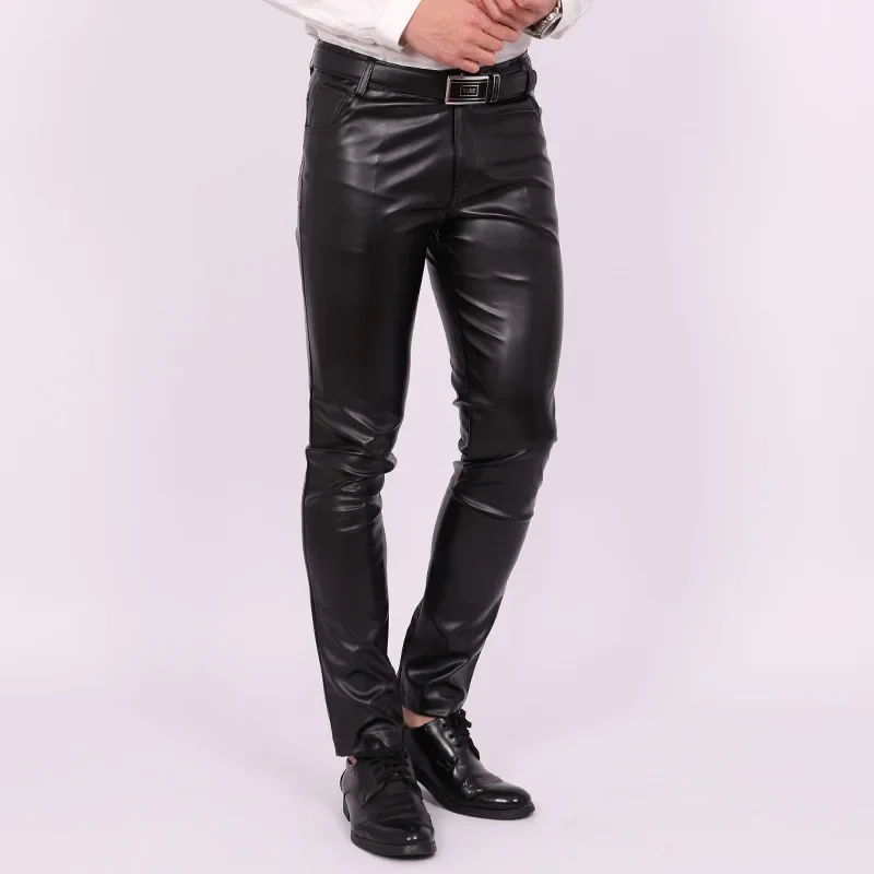 Spring and Summer Slim Leather Pants Mens Feet Pants Tight Elastic Trend Motorcycle Mens Nightclub Leather Pants