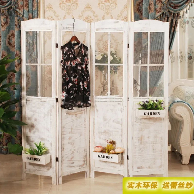 Retro folding screen gauze curtain enters the door, solid wood blocks the partition flower stand, window hollow clothing store l