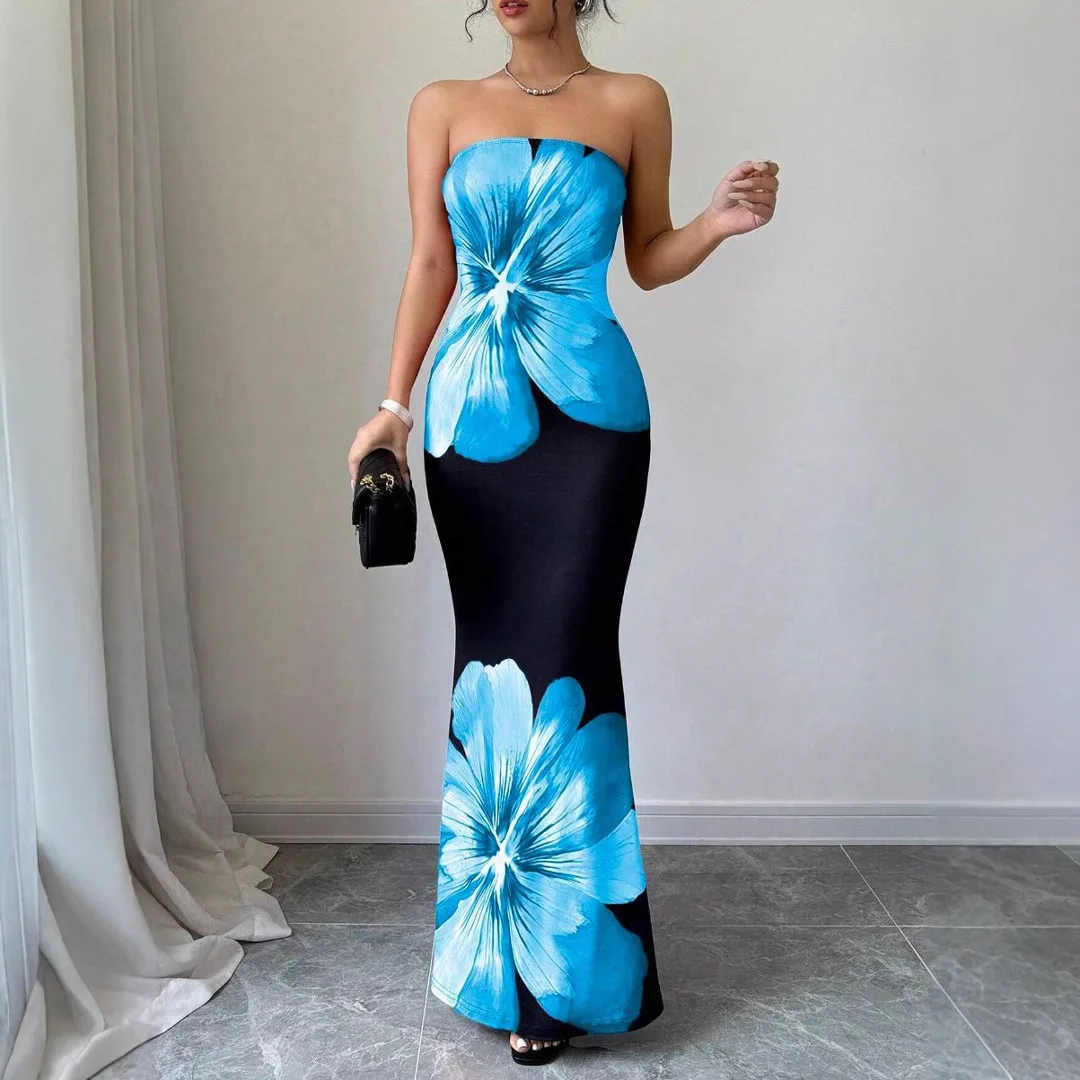 فستان نسائي طويل أنيق بدون حمالات مطبوع ، فستان نسائي لربيع وصيف 2026 على الطراز الغربي بقصة ضيقة وخصر عالٍ