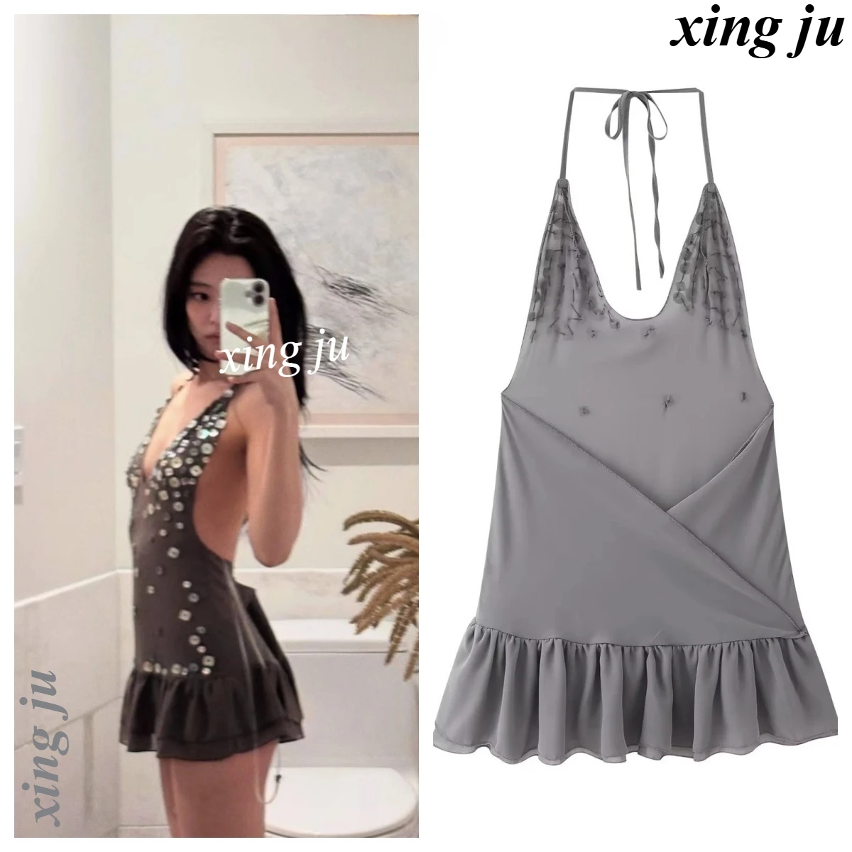 

Kpop Korean Singer Jennie Jazz Dance Sexy Halter Sequins Short Dress Women Nightclub DJ Dance Costumes Stage Performance Wear