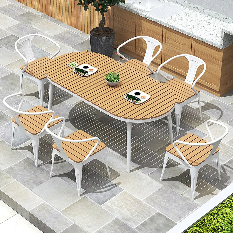 Nordic leisure plastic wood table and chair combination courtyard garden anti-corrosion sun protection oval