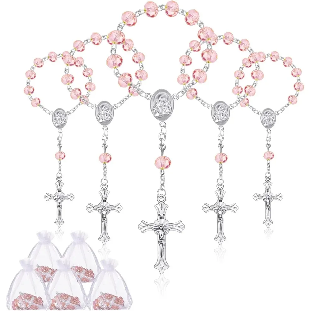 5/10 Juegos de Mini Anillos de Oración con Cuentas Rosas, Anillos de Perlas Acrílicas de Imitación, Recuerdos para Bodas y Fiestas con Bolsas de Organza