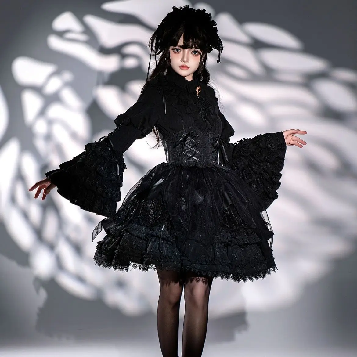 CoalfellLolita ريترو قصر نمط القوطية صديقة الأكمام البوق قميص نفخة تنورة مجموعة لوليتا كم طويل الأعلى