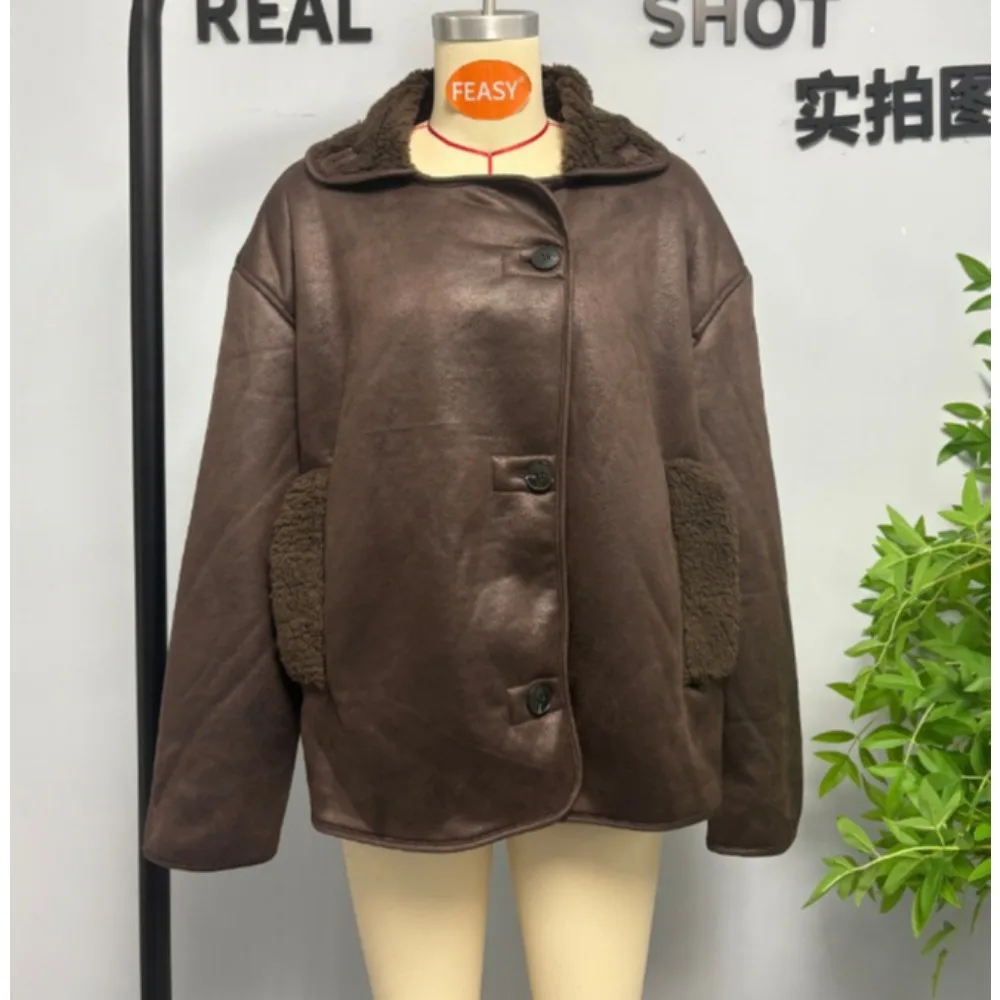 Giacca bomber invernale da donna Cappotto caldo in lana d'agnello Giacche vintage in ecopelle da donna Capispalla con bottoni con risvolto spesso Streetwear