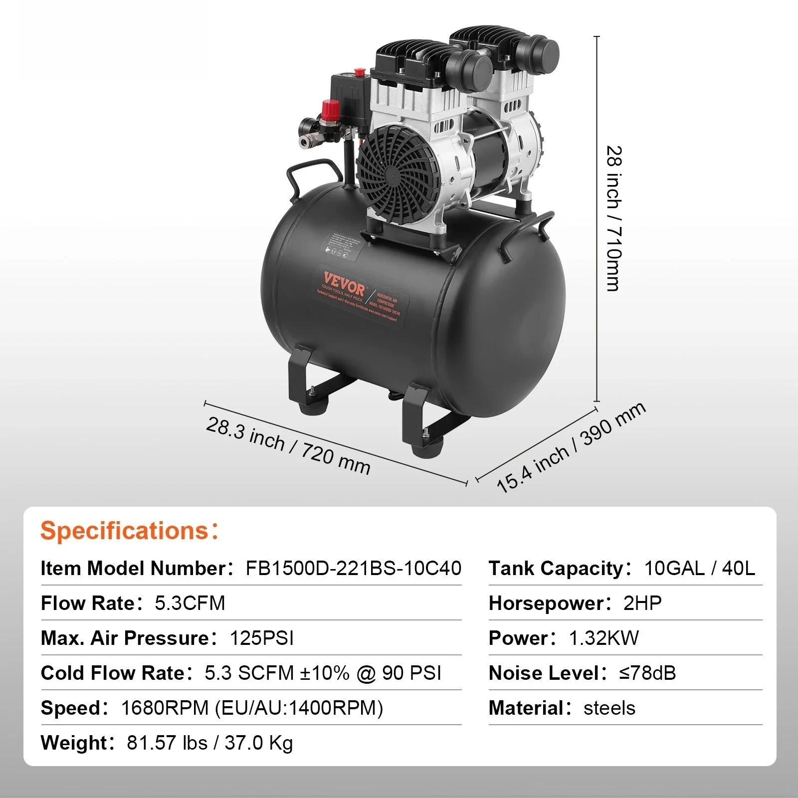 Compresseur d'air Compresseur portable compact sans huile 10 gallons 90 PSI
