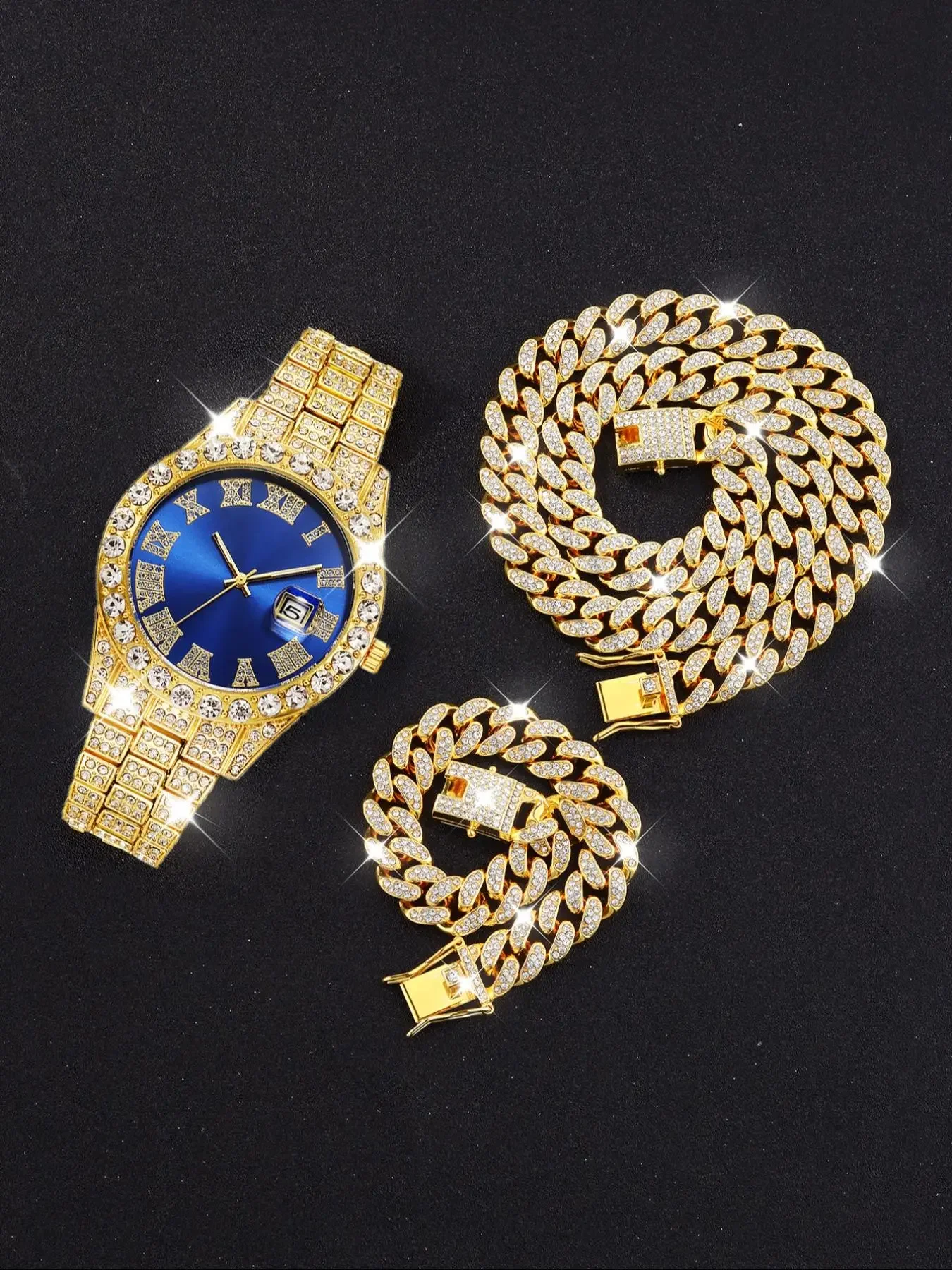 4-piece Hip Hop Diamond Set Watch Cuban Chain Cross Necklace Men's Set