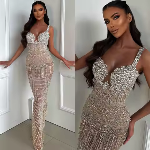 Fashion Crystal Beaded Evening Dresses Customized Luxury Sequined Sleeveless Prom Dress Beading Floor Length Party Gown