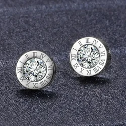 Classic Trend Geometric Circle Crystal Roman Numeral Stud Earrings for Women Temperament Gold Color Stainless Steel Jewelry Gift