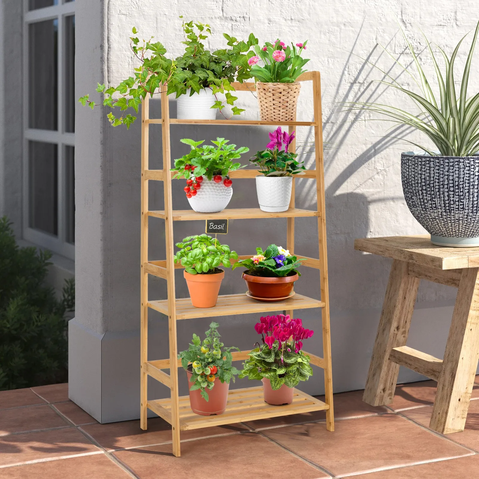 

Bamboo 4-Tier Bookshelf Ladder Shelf Bathroom Shelves Storage Plant Stand Rack