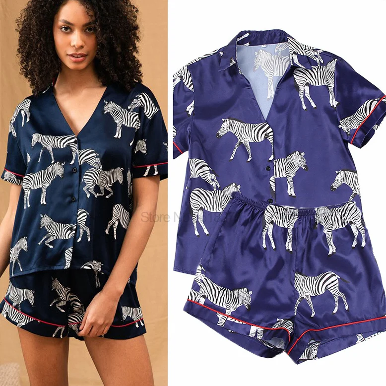 

Lapel Sleepwear Satin Women Pajamas Set With Buttons Printed 2PCS Shirt&Shorts Suit Summer Nightgown Short Sleeve Home Clothes