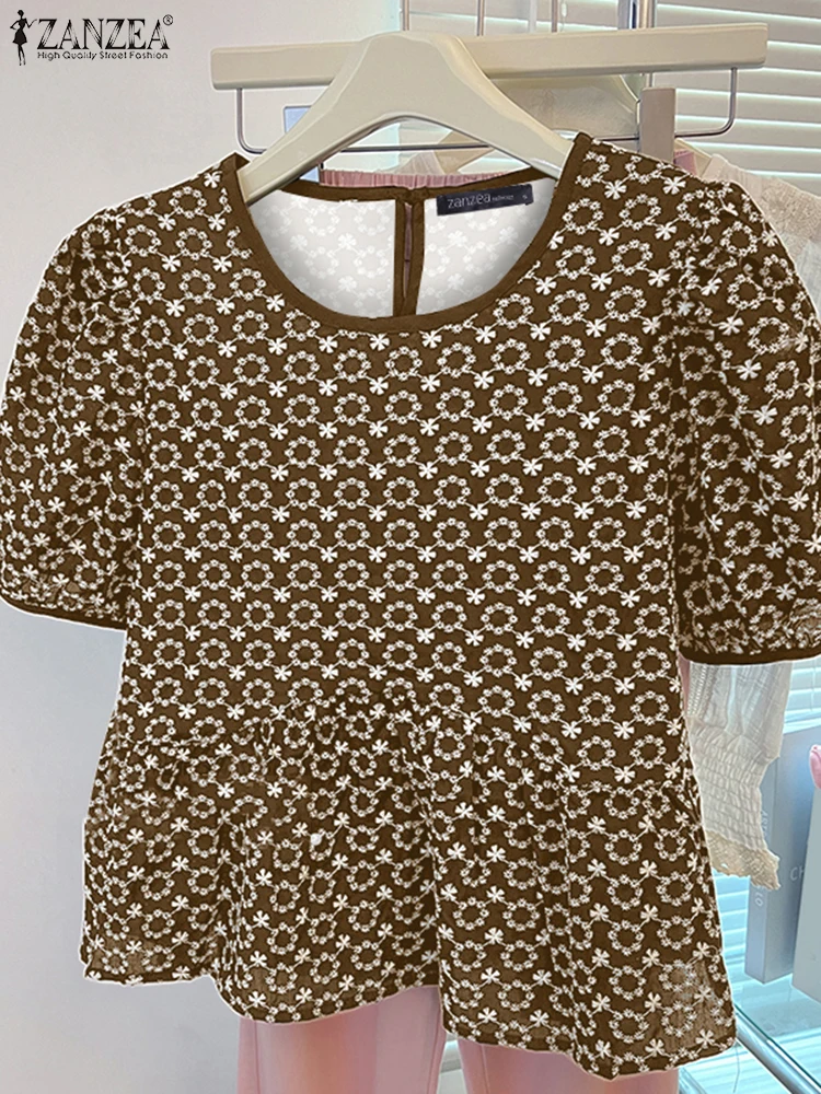 

ZANZEA Casual Printed Tops Women Blouses Vintage O Neck Blusas Summer Short Sleeve Tunics 2025 Oversized Loose Pullover Femme