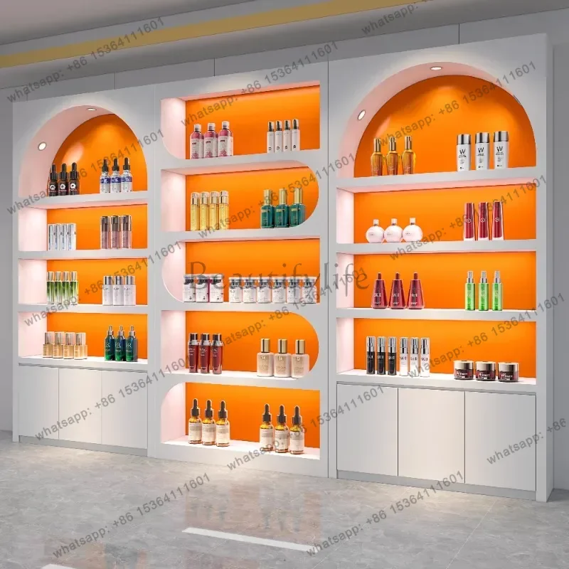 LJY Modern Cream Style Cosmetics Display Cabinet Simple High-end Beauty Salon Product Floor Display Rack Luxury Salon Furniture