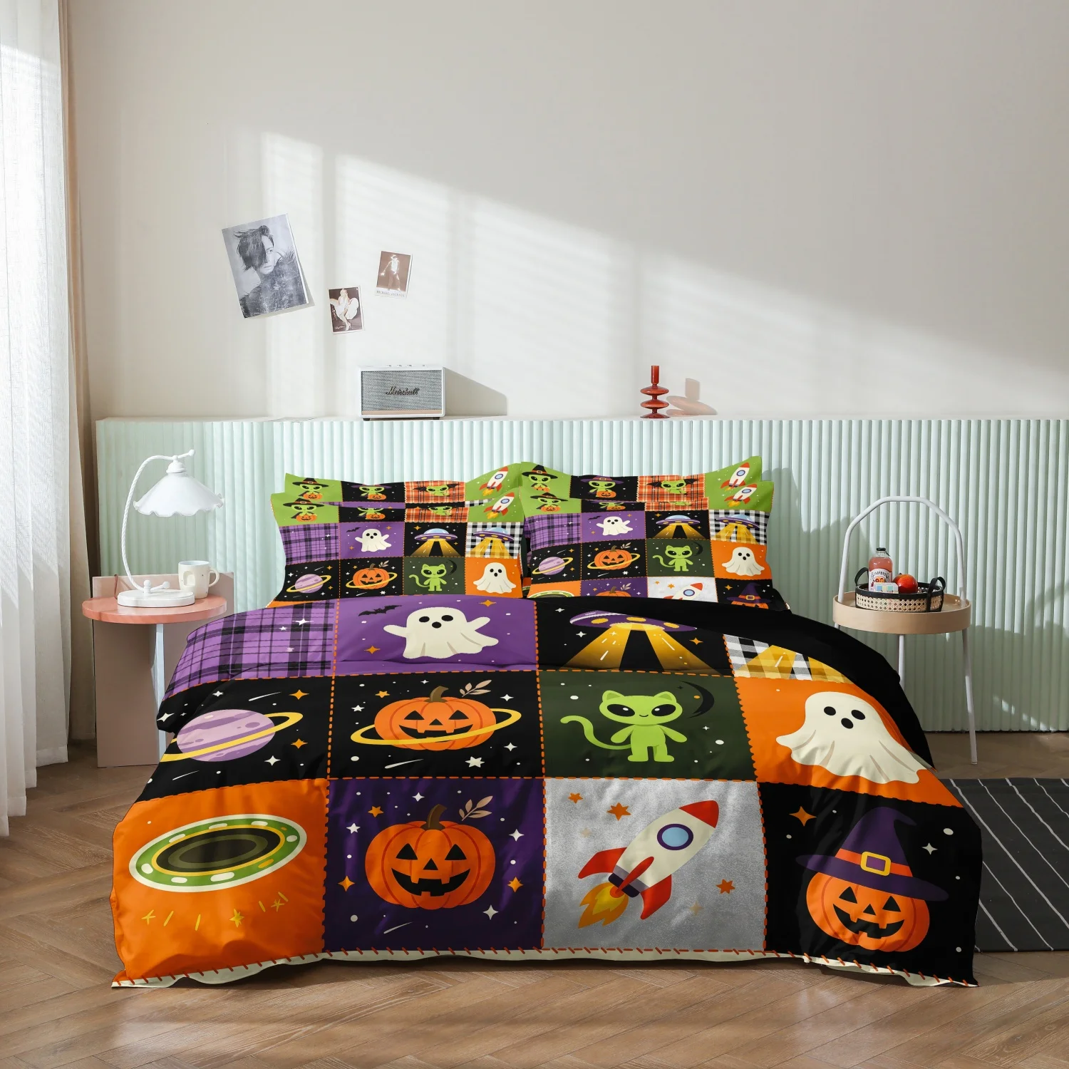 3Pcs Halloween Patchwork Grid Duvet Cover Set, Cute Rocket Pumpkin Ghost Holiday Bedding, Soft Microfiber Home Decoration,