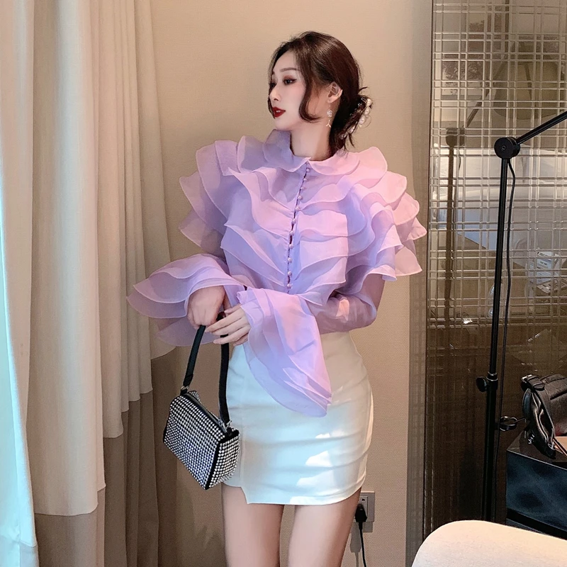 Spring Korean Fashion Sweet Women Shirts Blouses Net Yarn Cascade Ruffle Flared Sleeve Perspective Chiffon Pearl Button Up Shirt