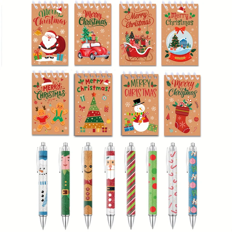 16 ensemble sur le thème de noël 8 stylos rétractables de noël + 8 crayons à spirale en cuir de noël stylo d'écriture de vacances arbre de noël San