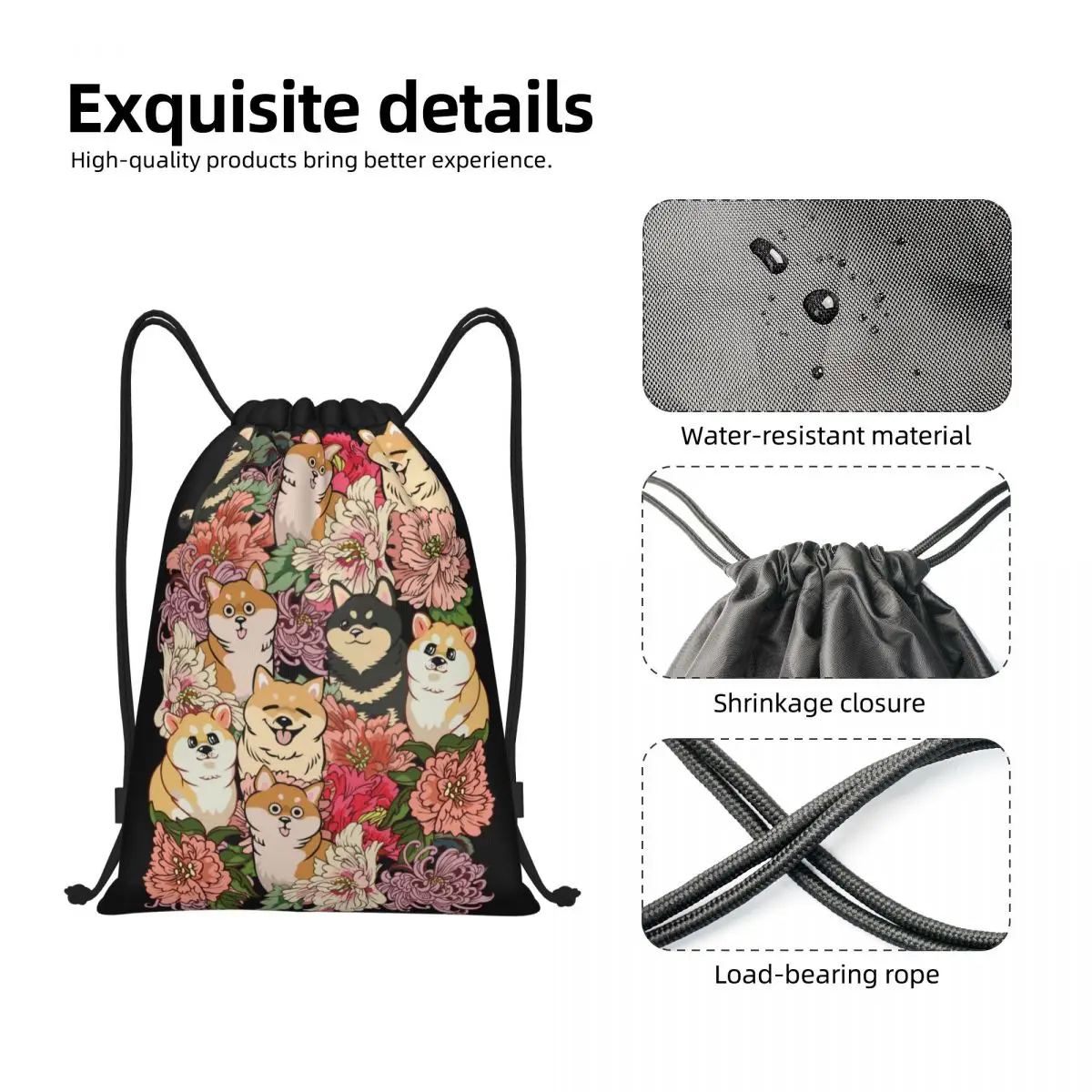 Saco de Cordão com Cão e Flor Estampado para Homem e Mulher, Cordão, Portátil, Ginásio, Desporto, Kawaii, Japonês, Compras, Mochilas De Arrumação