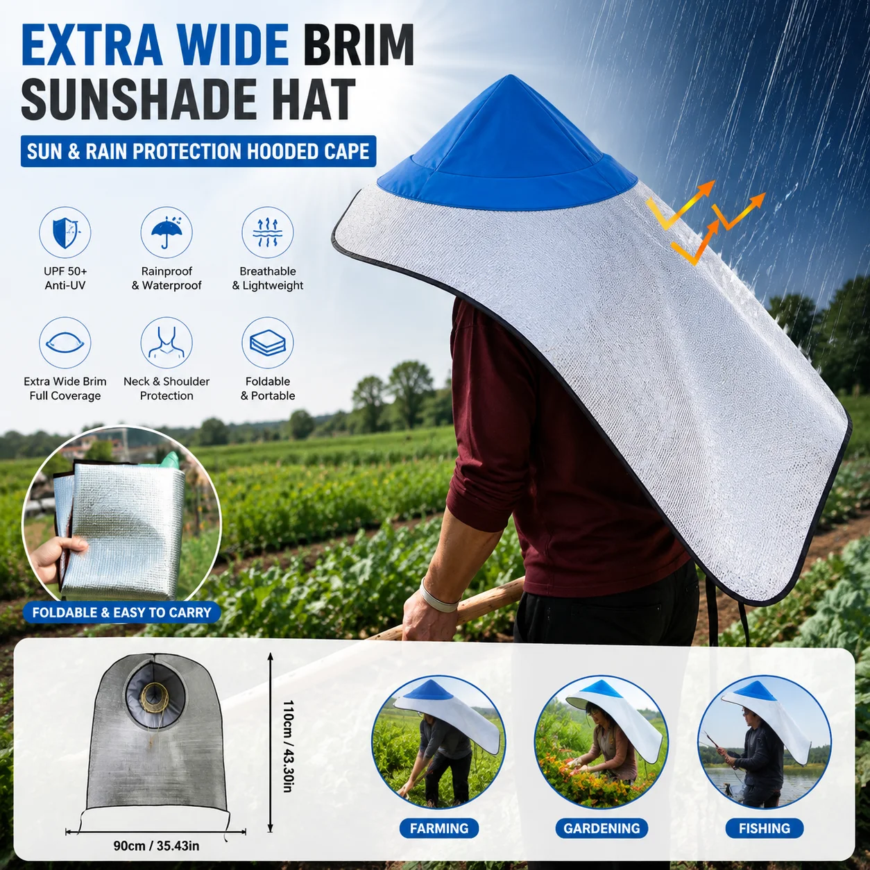 Sun & Rain Protection Hooded Cape Hat Extra Wide Brim Sunshade Anti-UV Waterproof Neck Cover Outdoor Gardening Fishing Work Hat