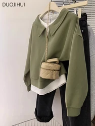 DUOJIHUI Green Fake Two Piece Basic Polo Neck Women Hoodies Spring New Contrast Color Fashion Simple Loose Casual Female Hoodies