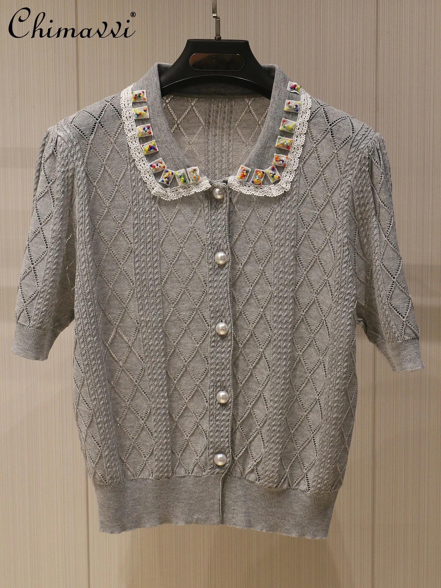 

2026 Spring and Summer Fashion Colorful Beaded Lapel Short Sleeve Knitted Cardigan Women's Commute Chic Elegant Slim-fit Top