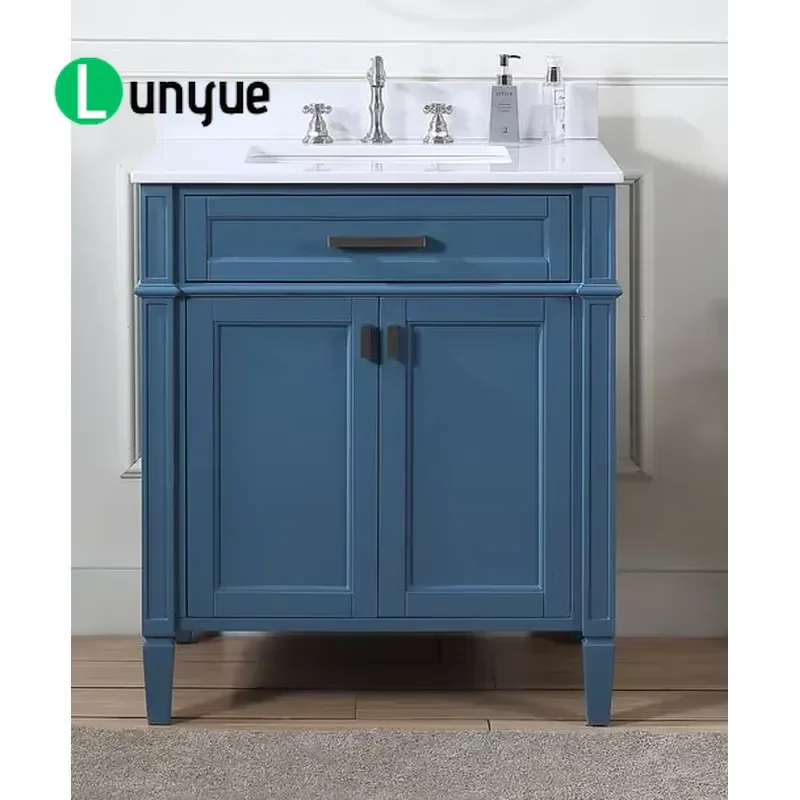 Classic Minimalist Single Basin Bathroom Vanity Cabinet 30 Inch Floor to Ceiling with Faux Marble Countertop Modern Storage