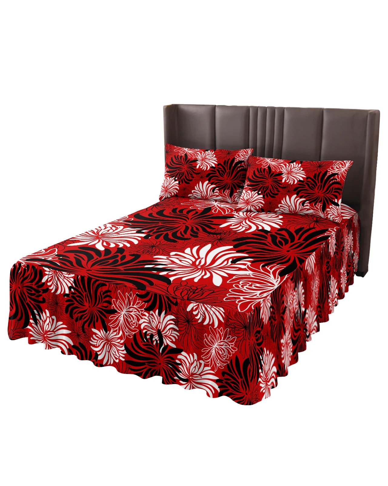 Red Chrysanthemum Texture Retro Bed Skirt Elastic Fitted Bedspread With Pillowcases Mattress Cover Bedding Set Bed Sheet