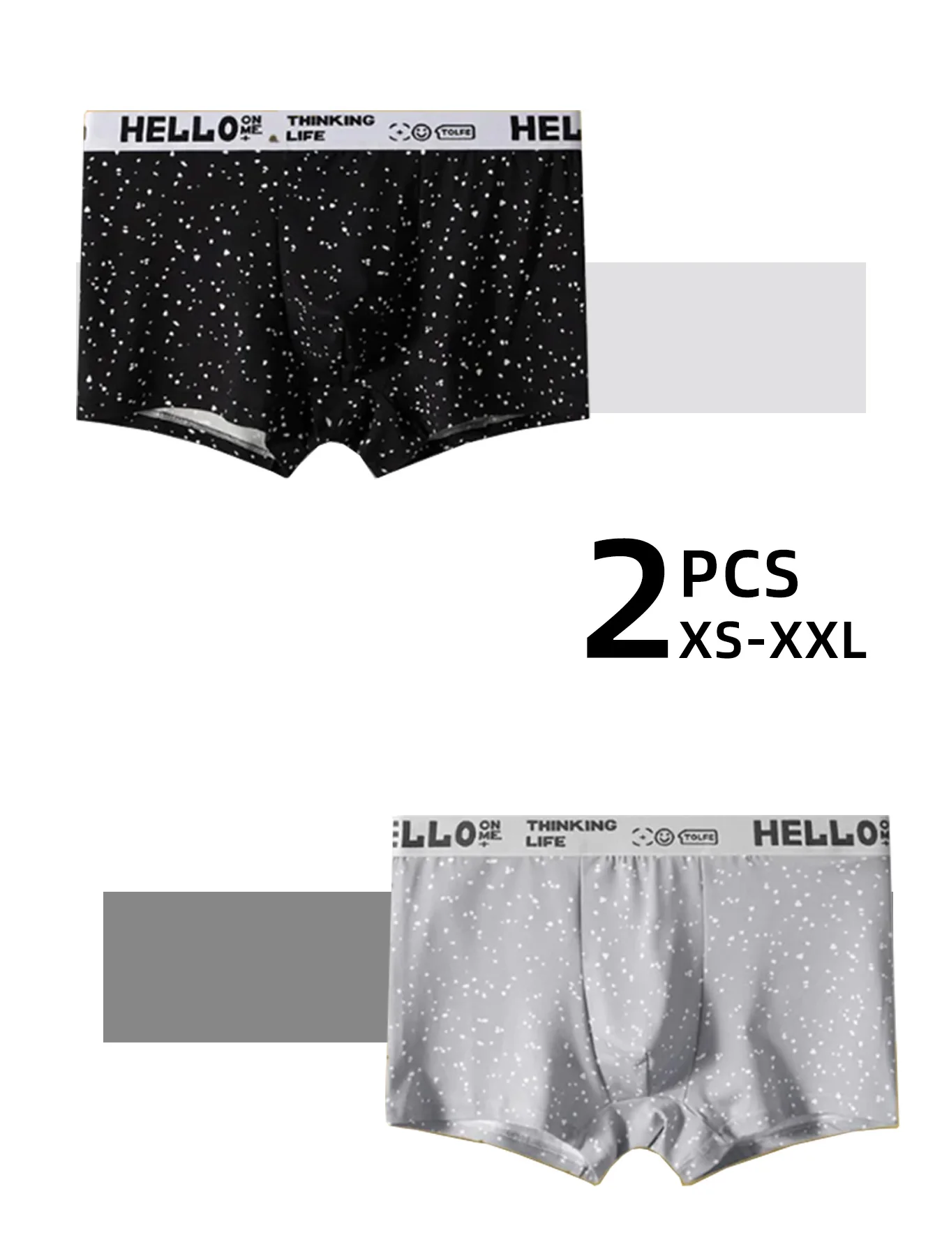 

Мужские молодежные боксеры (2 шт.) с надписью HELLO на поясе, черно-серые, с узором в виде звезд и точек, удобные, дышащие, размеры XS-XXL