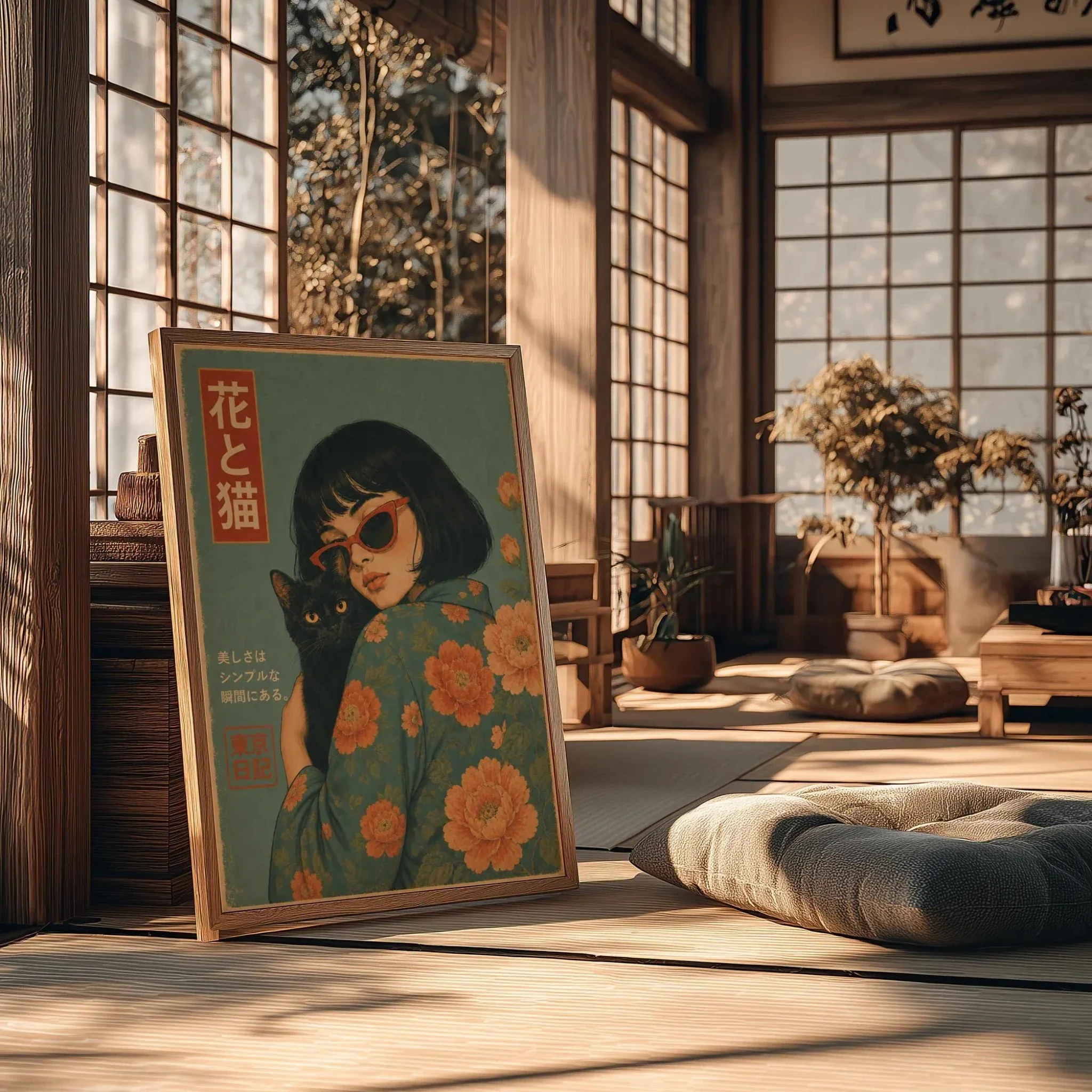 Vintage Japanese Women & Black Cat Wall Art Poster Retro Tokyo Floral Poster, Vintage Japanese Print for Living Room Decorati