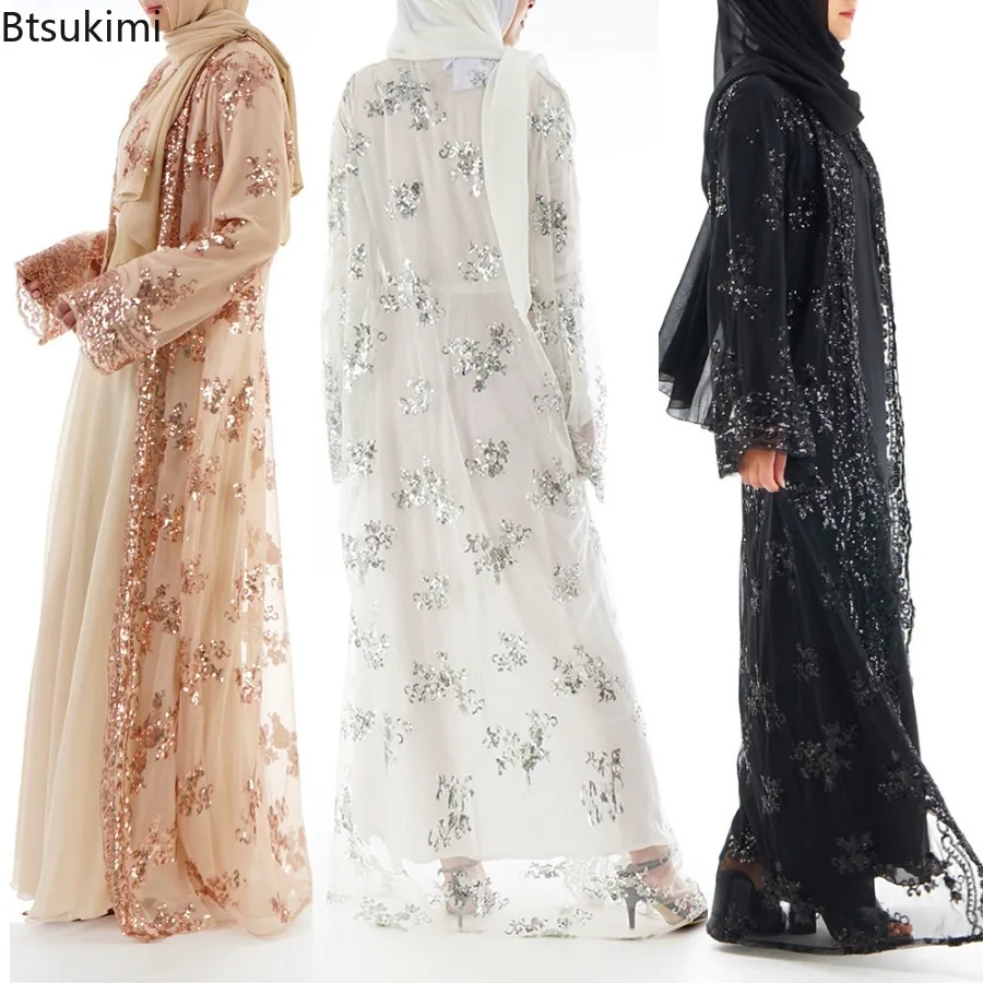 

2025 New Black White Sequin Kimono Cardigan Abaya Dubai Luxury Muslim Kaftan Abayas for Women Turkish Islamic Clothing Outfit