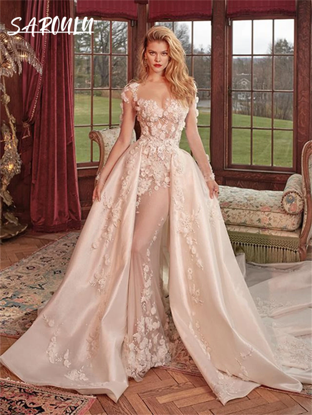 Vestido De novia De encaje romántico para mujer, vestido De novia De manga larga, tren De satén desmontable, hecho a medida