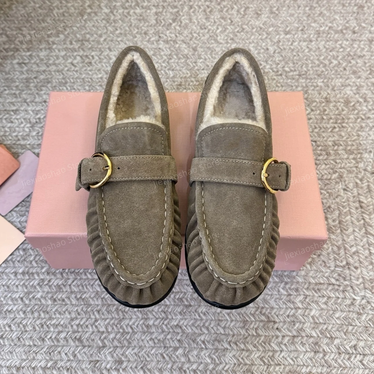 New Arrival Handmade Cow Suede Round-Toe Slip-Ons Woman Loafers Belt-Buckle Decora Mules Wool Mary Janes Hiver Sapato Feminino