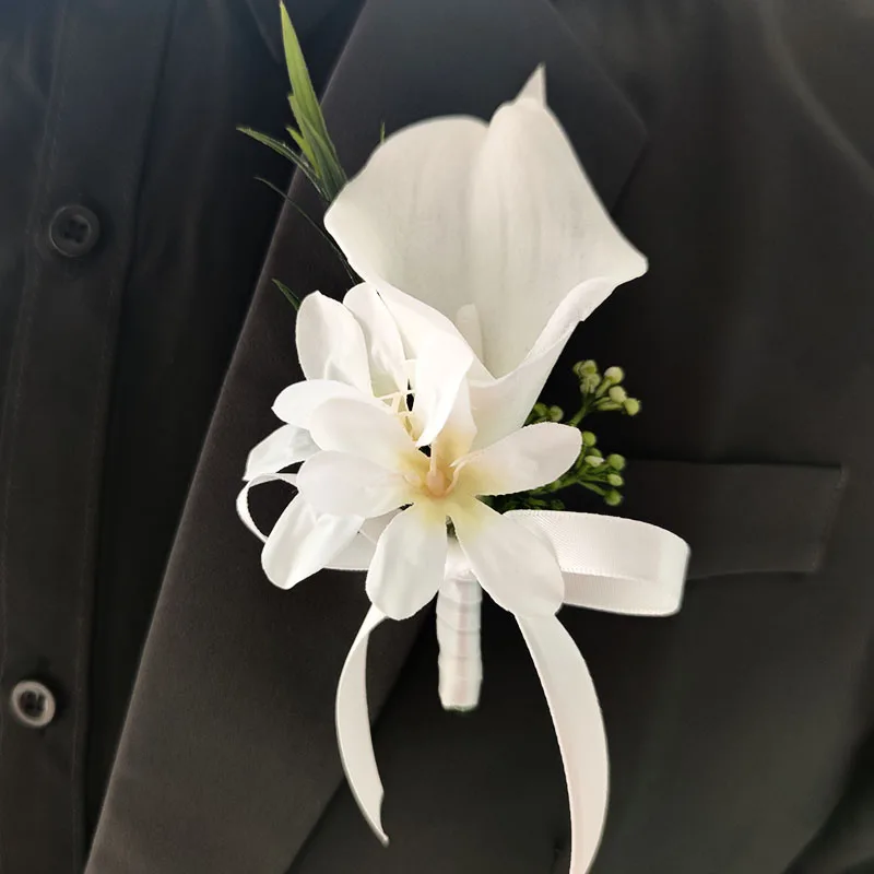 Alfileres de ramillete de boda para hombre, accesorios de flores artificiales, decoración de ojales, Callas blancas, lirio, rosas, invitados