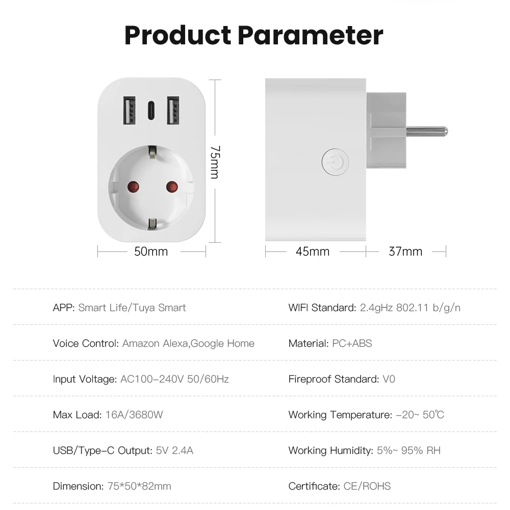 Tuya WiFi Smart Plug 16A EU Smart Socket AC Power Outlet USB Type C Phone Charger Home Appliance Works with Alexa Google