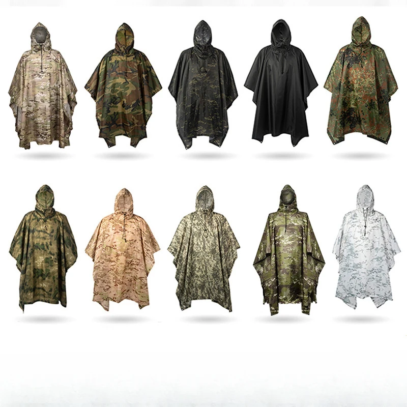 

Tactical Raincoat Camping Hiking Hunting Birdwatching Suit Outdoor Hooded Breathable Rainwear Camo Poncho Army Travel Rain Gears