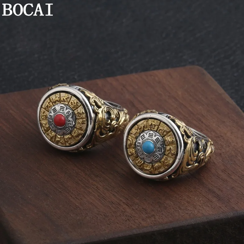 BOCAI New S925 Sterling Silver Jewelry Vintage Personality Six Character Mantra Gossip Rotating Ring Men's Selected Gift
