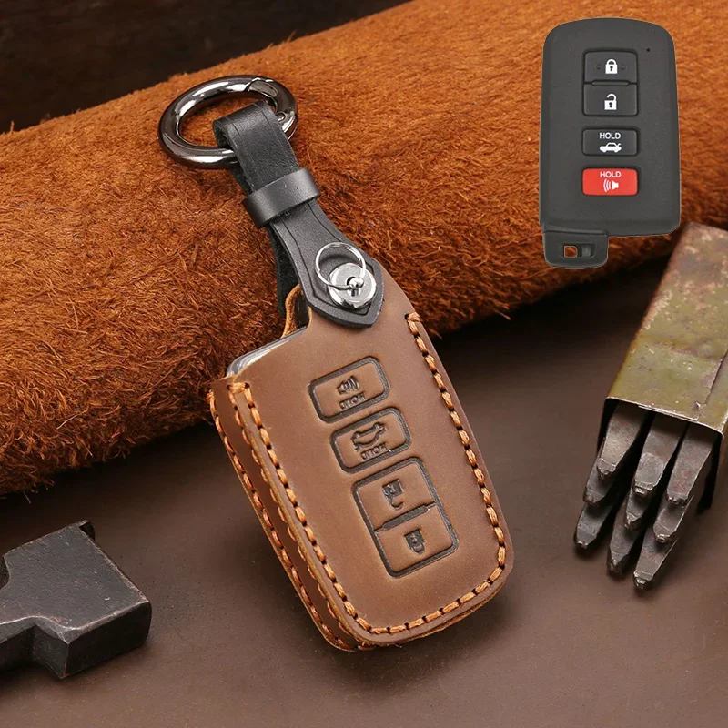 

1pc Leather 4 Button Car Key Case Cover Fob For Toyota Avalon Camry Corolla RAV4 Highlander Auris CHR Land Cruiser Keychain