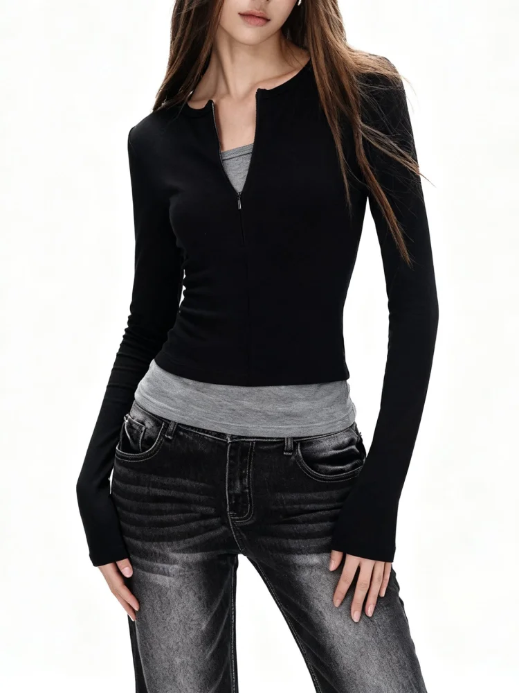 Y2K Kleidung Damen T-Shirt Neues Fake-Zweiteiler-Design mit Reißverschluss Pullover Slim Fit Langarm T-Shirt Herbst Winter 2000er Jahre Tee Top