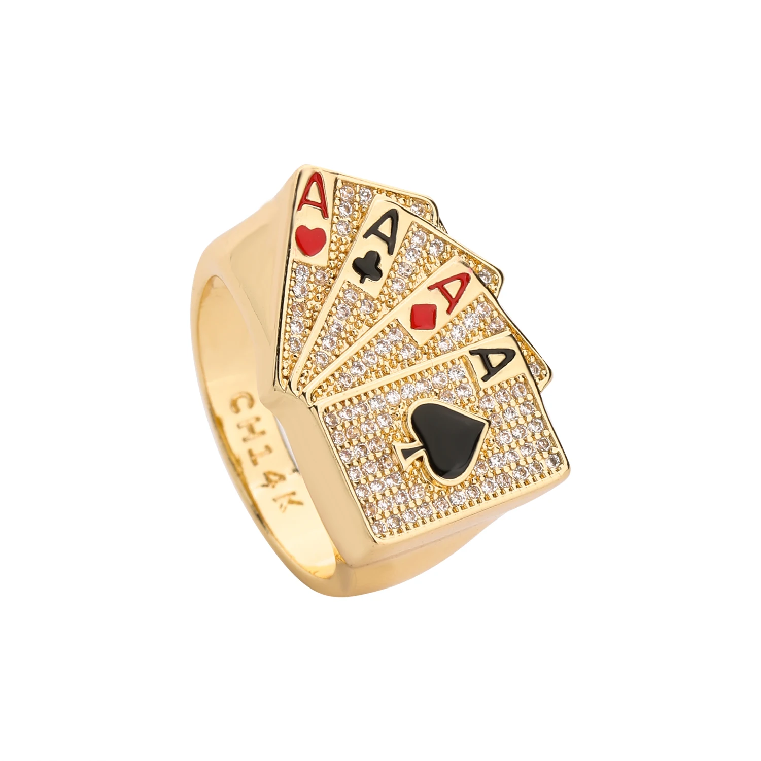 Men's Casino Poker Ring Brass Plated 14k Gold CZ Inlaid Zircon Four A Poker Cards Enamel Lucky Men's Ring