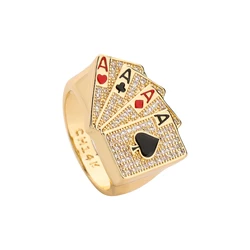 Men's Casino Poker Ring Brass Plated 14k Gold CZ Inlaid Zircon Four A Poker Cards Enamel Lucky Men's Ring